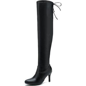 Women Black Polyurethane Pointed Toe Over The Knee Thigh High Stiletto Heel Boot